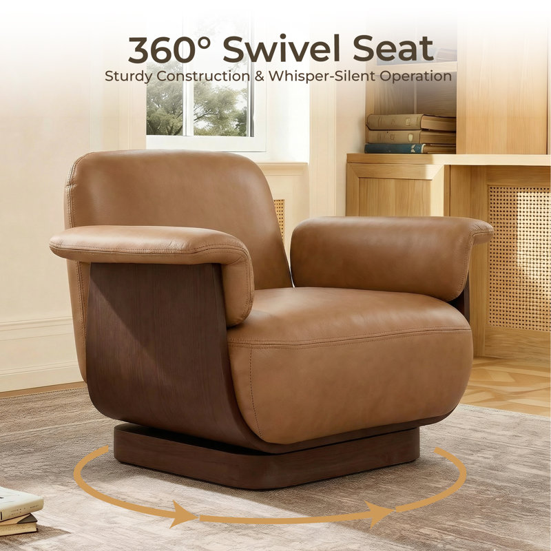 Modern Swivel Accent Chair with Ottoman-Genuine Leather, Saddle Genuine Leather / Walnut