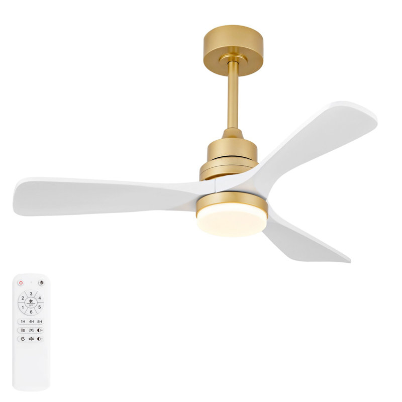 52 Inch Indoor Ceiling Fan With Dimmable LED Light 3 Solid Wood Blades Remote Control Reversible DC Motor, Gold, White