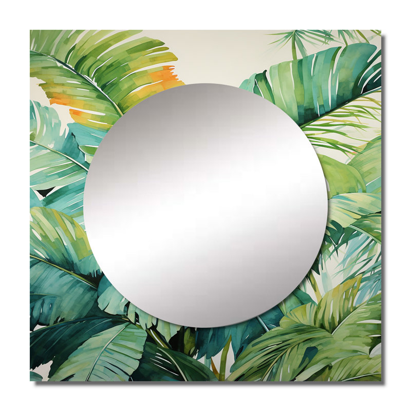 Gedaliahu - aquarelle, prunier tropical, collage, bord de mer, miroir tropical carré pour décoration murale, 36 po x 36 po