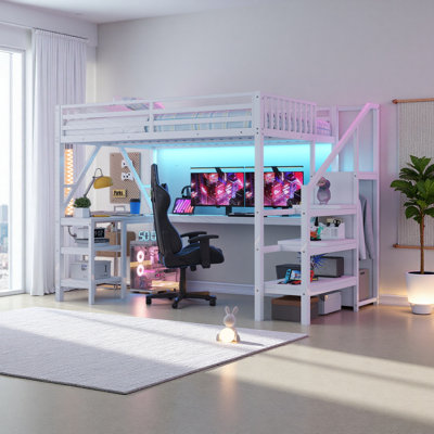 Full Size Loft Bed With L Shaped Desk And USB For Kids Teens Adults