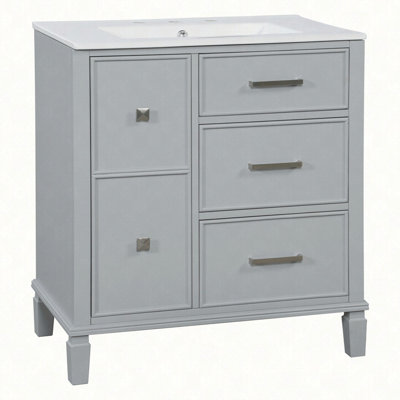 Meuble-lavabo de 30 po avec lavabo en céramique, tiroir escamotable pour la plomberie, tiroirs à fermeture en douceur, armoire en bois aggloméré peint en noir avec pieds en bois massif