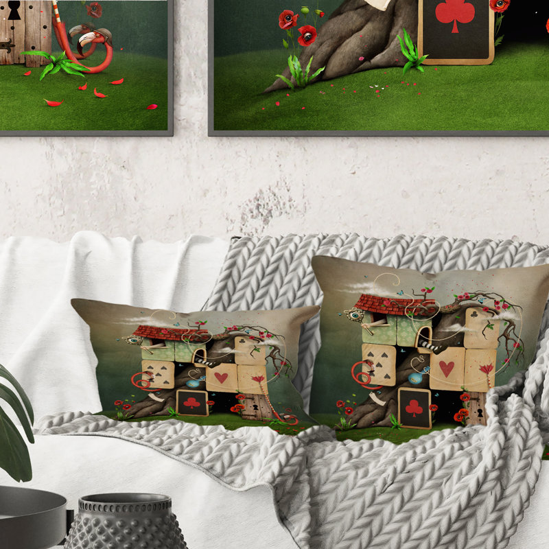 Wonderland Playing Cards House - Children''s Art Printed Throw Pillow, 16" x 16"