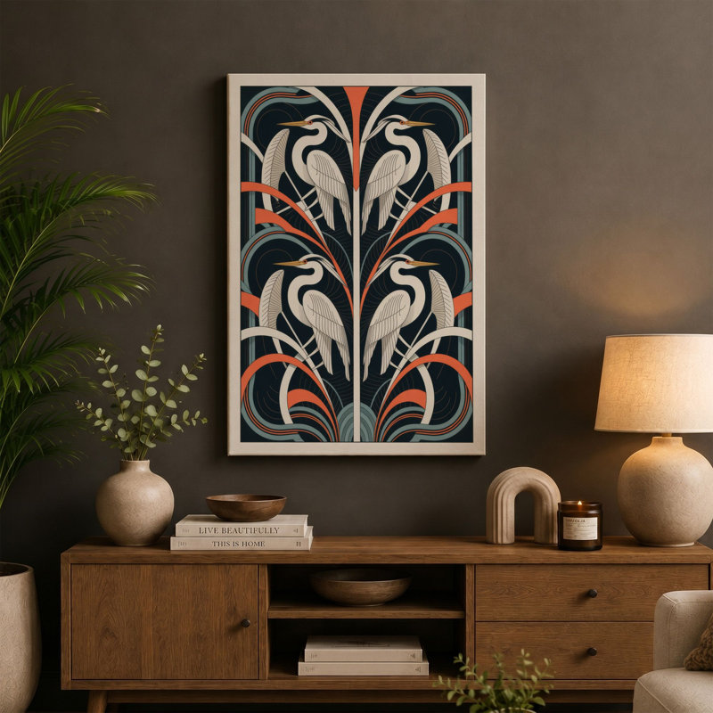 Mirrored Herons in Pattern Art Deco - Wrapped Canvas, 36x24 - 91.4 x 61.0 cm, Taupe Border