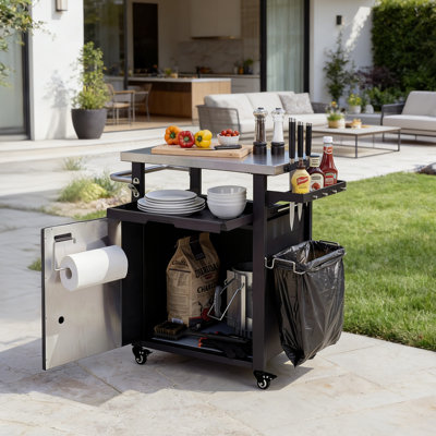 39.5" Rolling Outdoor Kitchen Island with Stainless Steel Top - BBQ Grill Cart & Pizza Oven Stand with Storage Cabinet, Spice Rack, Waterproof Cover Included