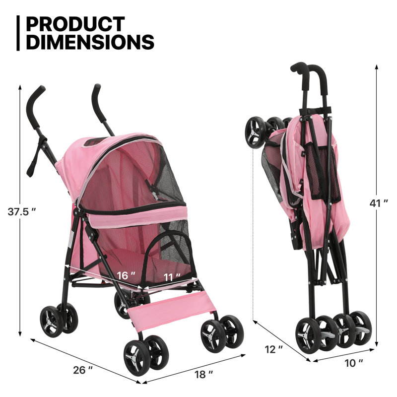 4 Wheel Folding Pet Stroller, Foldable Dog Jogger Stroller with Adjustable Canopy and Mesh Window, Pink