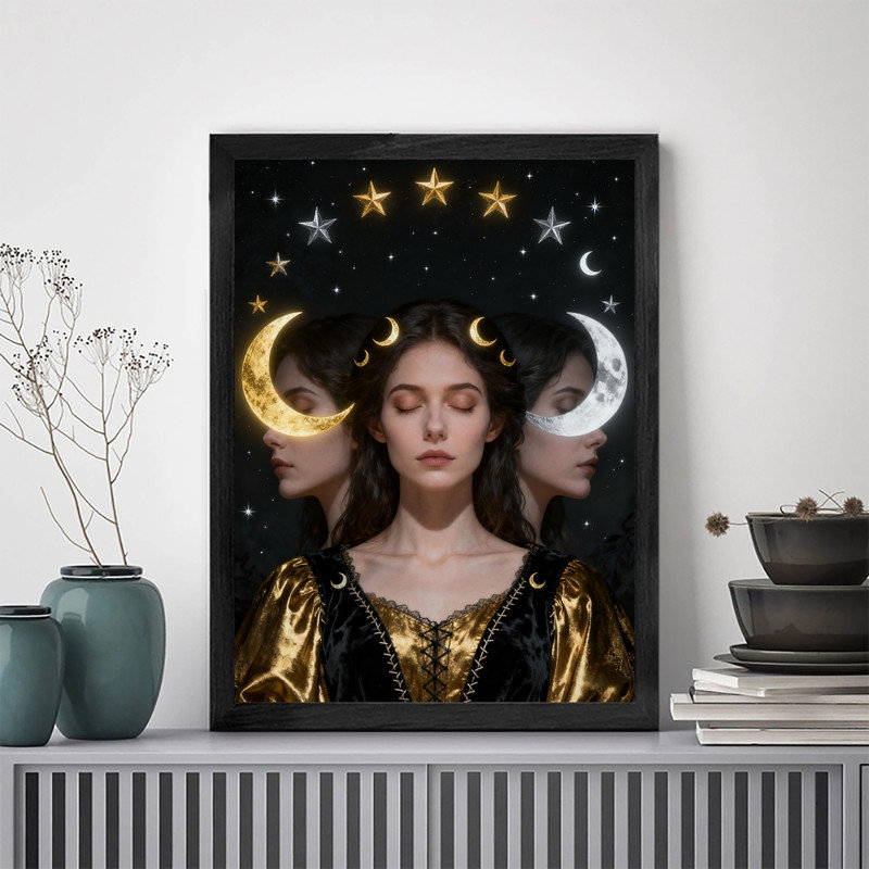 Art mural encadré noir, déesse de la lune rétro, impression de cadre mystique gothique céleste, H 11 po x l 9 po