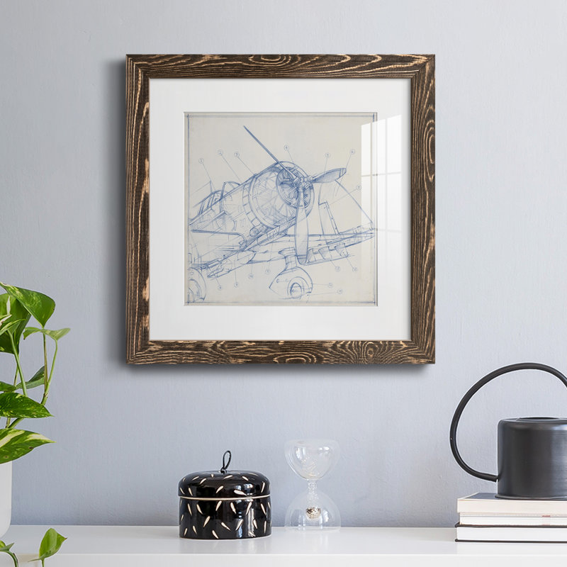 Croquis mécanique d'avion I-Premium, reproduction encadrée - prêt à être accroché, H 35,5 po x l 35,5 po x P 1,5 po, Blanc