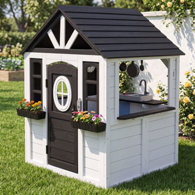 Kids Outdoor Wooden Playhouse with Play Kitchen, Working Doorbell, Phone & Flower Box for Backyard, Ages 3-8