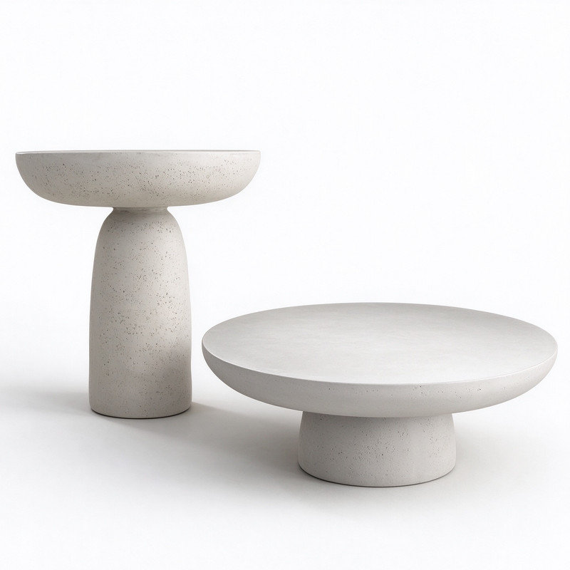 Ensemble de 2 tables basses rondes blanches sur pied en ciment MgO, pour intérieur et extérieur