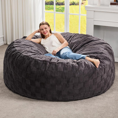 Fauteuil à billes avec bourre - Gris foncé - 5 pi - 50 po x 50 po x 24 po - Housse pelucheuse - Fauteuil à billes géant pour adultes - salon ou chambre à coucher