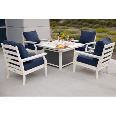 LuXeo Park City 42" Square Two-Tone Fire Pit Table with 4 Aspen Deep Seating Chairs