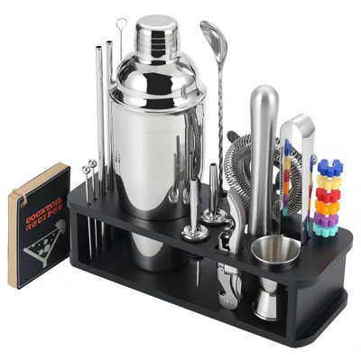22-Pc Cocktail Shaker Set(24Oz/700Ml) | Mixology Bartender Kit | Bar Tool Set | Martini Making Set With 39-Recipe Cocktail Cards & Kit's Deco, Bamboo Stand Black Color, Silver Tools