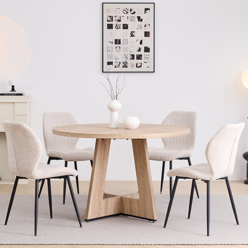 Ensemble table et chaises rondes 5 pièces pour 4 personnes, table de cuisine en bois de 119 cm (47 pouces) avec 4 chaises rembourrées en boucle beige