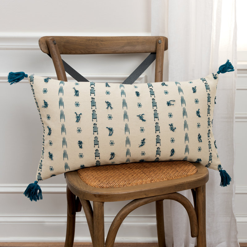  Rectangular Cotton Pillow Cover and Insert, Beige/Teal