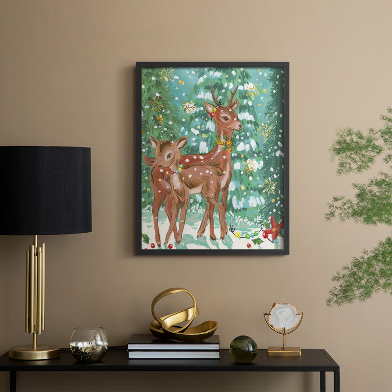 «Doe and Fawn II», reproduction encadrée - bois massif, H 11 po x l 9 po, Cadre noir
