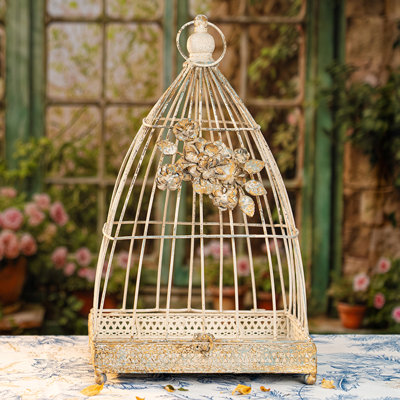  Cage à oiseaux décorative rétro avec accents de fleurs et anneau supérieur, cage à oiseaux, décoration élégante pour toute pièce