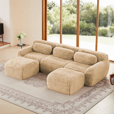 3-Seater Fluffy Plush Fabric Sofa Couches With 2 Ottoman