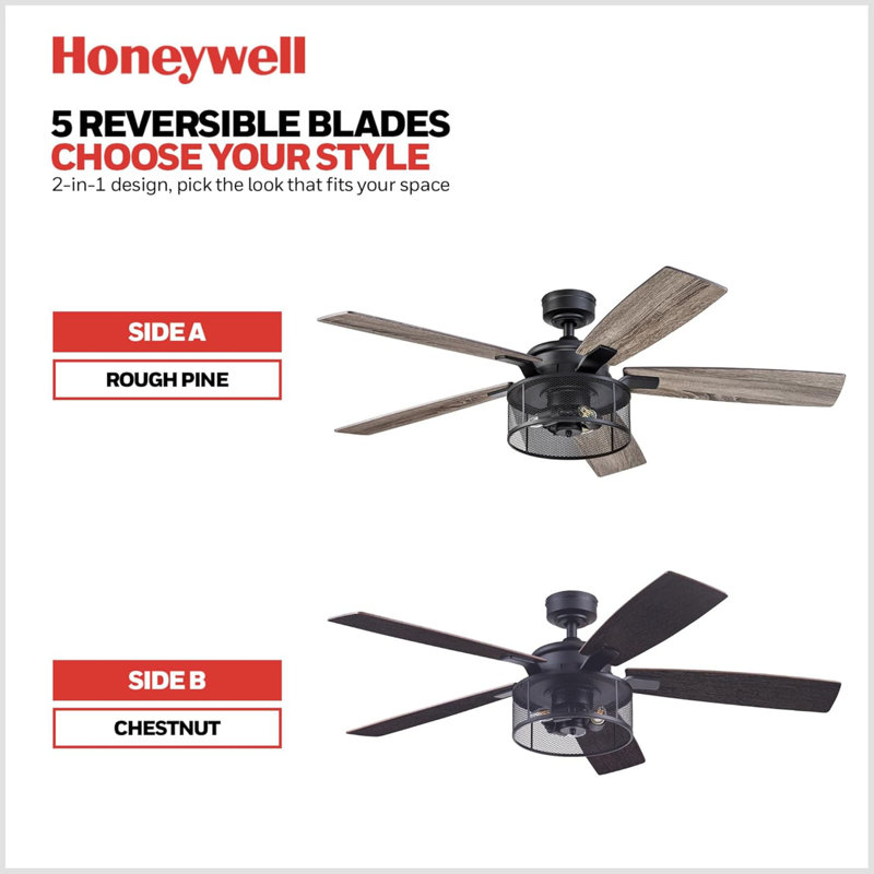 Ventilateur de plafond Honeywell Carnegie, moteur silencieux et télécommande, 52 pouces, noir mat