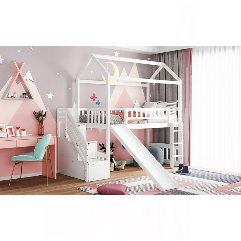 Lit mezzanine simple avec deux tiroirs et glissade, lit maison avec glissade, blanc