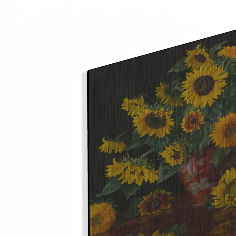 «Sunflowers With Two Crimson Vases» par Christopher Pierce, art mural en métal, H 16 po x l 24 po
