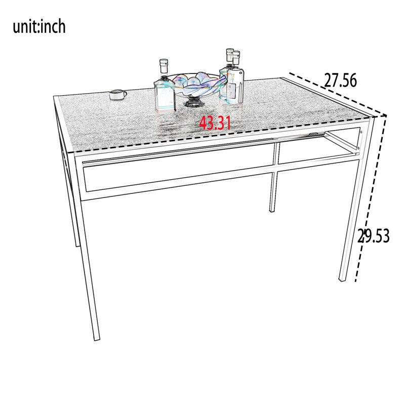 Ensemble de table de salle à manger industrielle 4 pièces avec 2 chaises de salle à manger et 1 banc de rangement, table de cuisine rectangulaire à grain de bois avec support à vin intégré, mobilier de salle à manger en métal à faible encombrement pour petit appartement