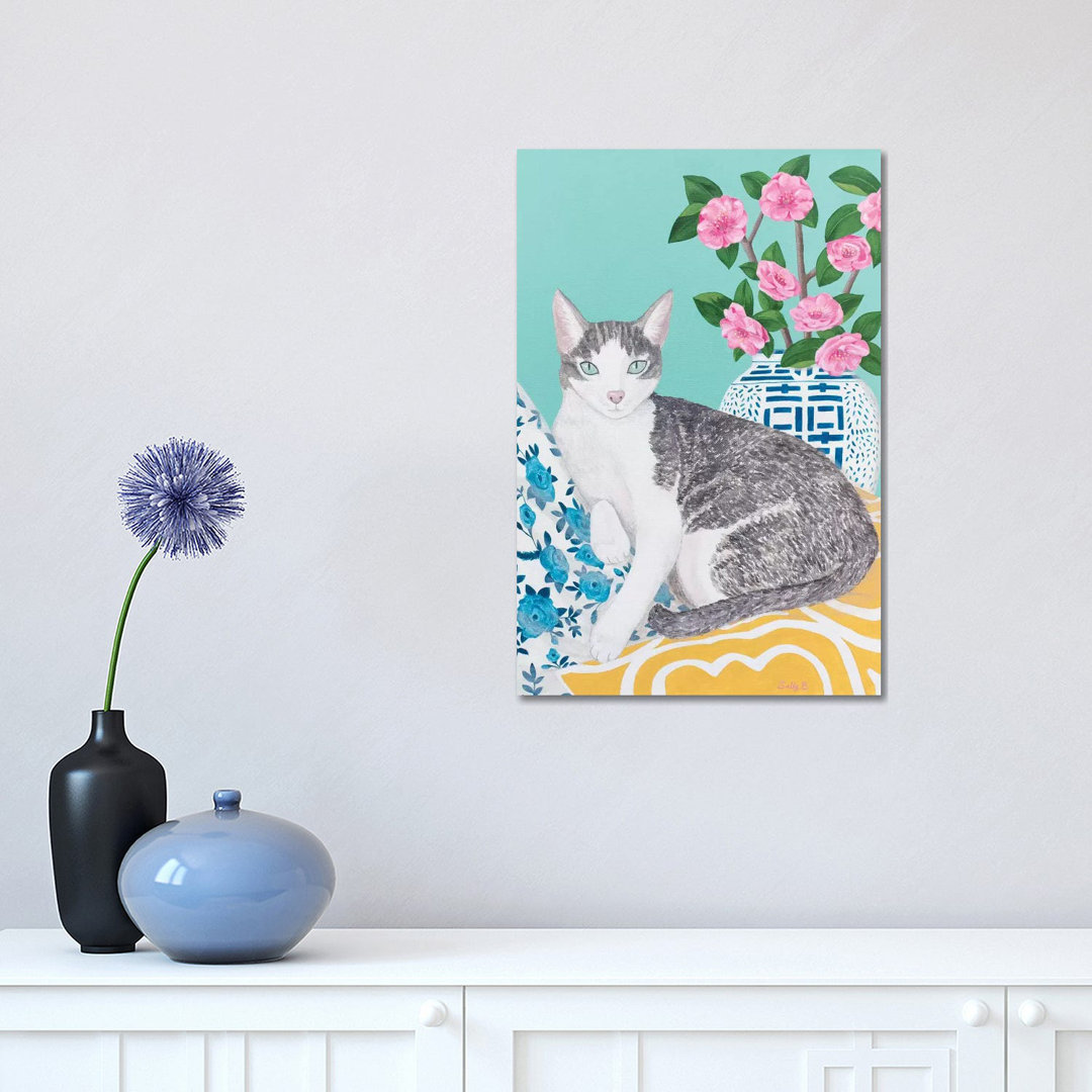 Cat with Cushions and Chinoiserie Vase by Sally B - Graphic Art Print on Canvas