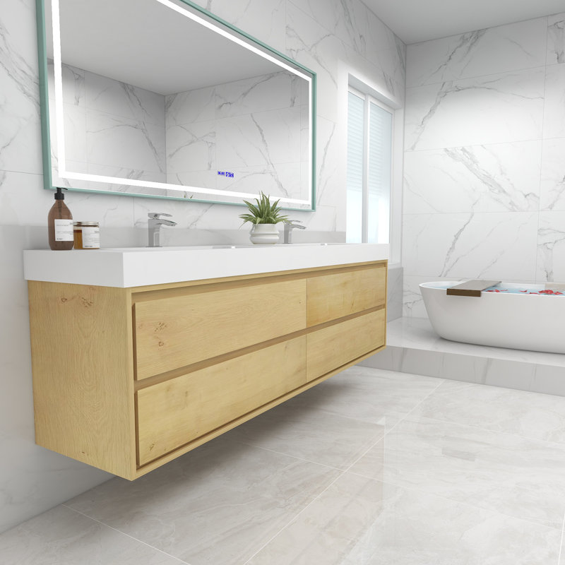 84'' Double Bathroom Vanity with Acrylic Top, Light Oak