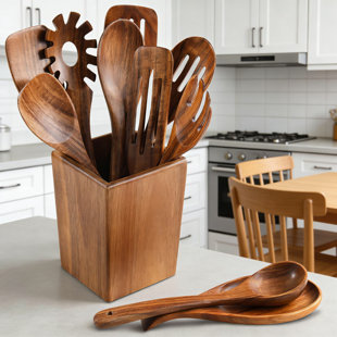 11-Piece Acacia Wooden Utensil Set With Holder - Natural Wooden Spoons And Kitchen Tools For Nonstick Cookware, Safe Cooking And Easy Cleaning