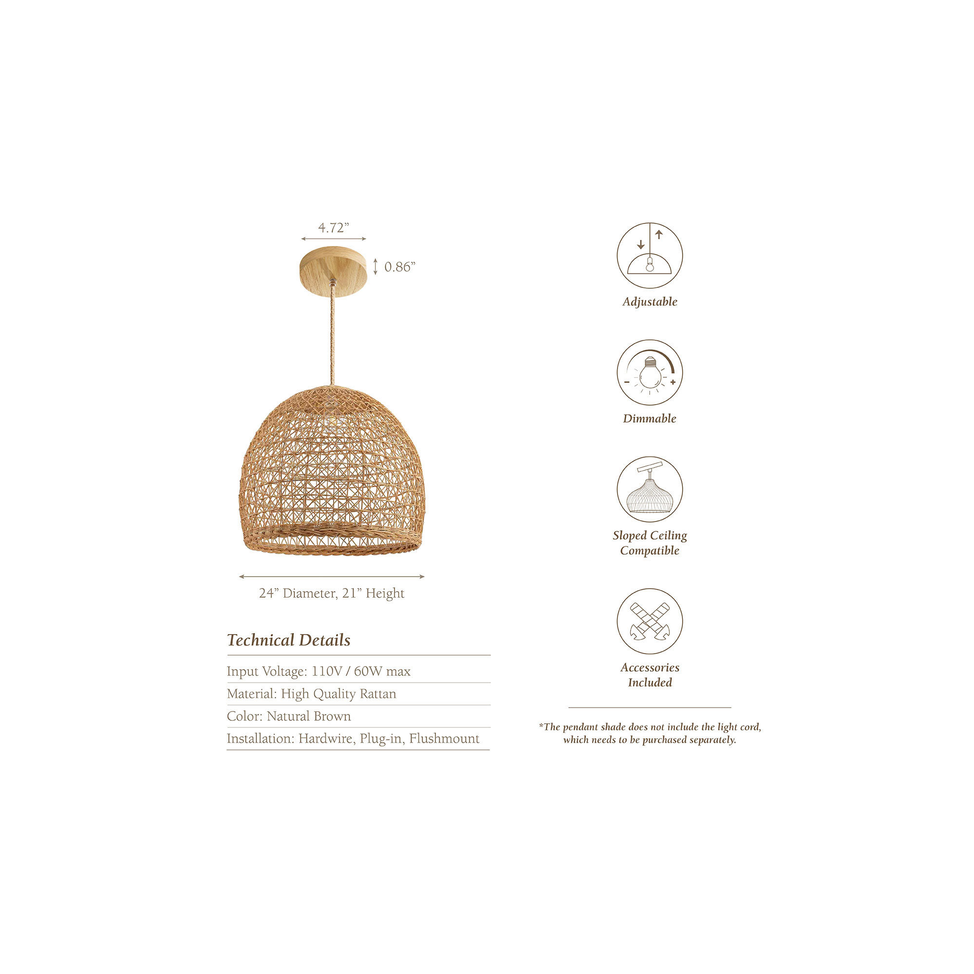 Outdoor Lumiere Dome Rattan Pendant Light, 16" H x 18" W x 18" D