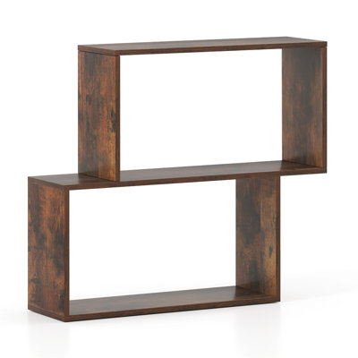 Étagère géométrique en bois à 3 niveaux, autoportante avec système antibasculement, style industriel, idéale pour le salon, la chambre ou le bureau, couleur brun rustique.