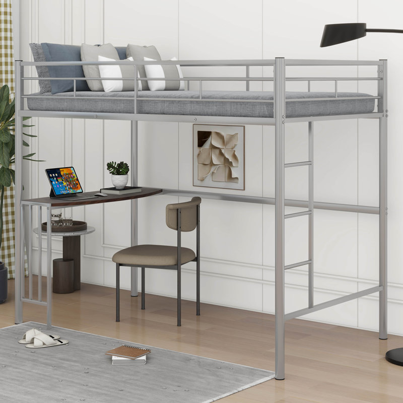 Hanny Metal Loft Bed With Desk, Ladder And Guardrails, Silver/Dark Brown, Twin