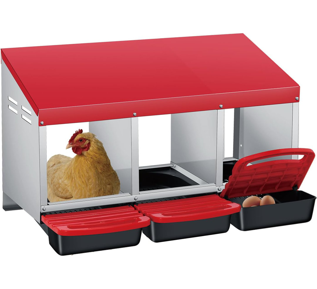 Chicken Nesting Boxes, 3 Hole Weatherproof Galvanized Steel Chicken Egg Laying Box with Handle Perch & Automatic Rollout Egg Collection