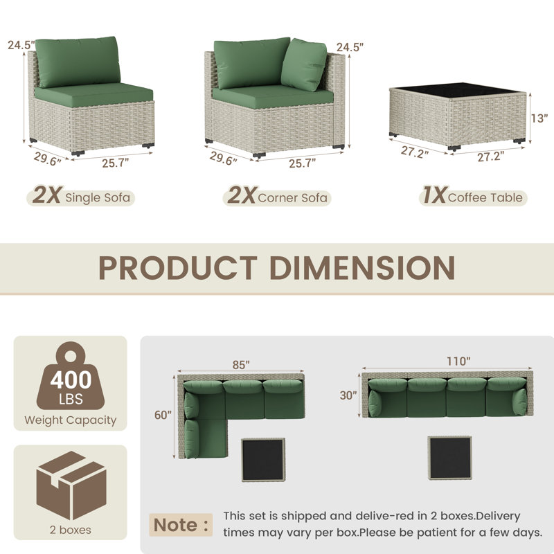 5 Pieces Design-Oriented Rattan Patio Conversation Sets With Cushions, Green
