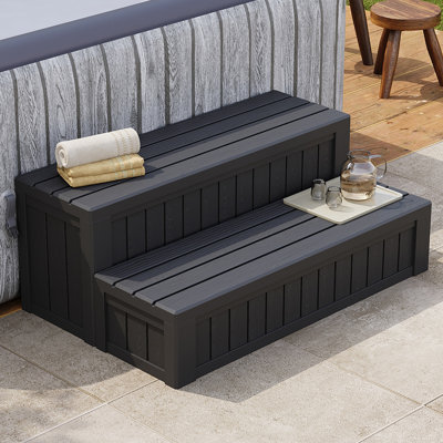 Marches de spa universelles avec rangement, escalier de spa extérieur avec compartiment de rangement, marche de véranda robuste et imperméable antidérapante, utilisation intérieure et extérieure d'aspect bois, capacité de poids de 600 lb