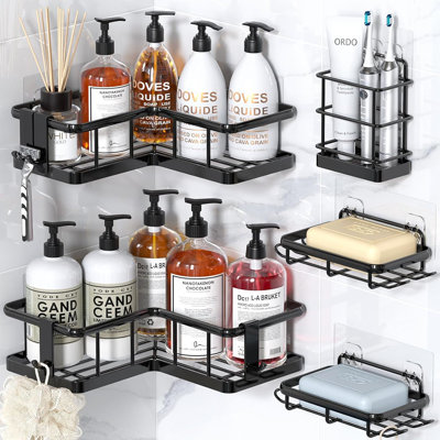 5-Pack Corner Shower Caddy, Adhesive Rustproof Stainless Steel Organizer With Soap Holder, No-Drill Bathroom Shelves, Black