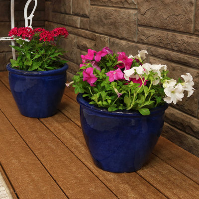 Chalet 11.75" x 11.75" x 9.5" Round Ceramic Outdoor Planter 2-Count - Imperial Blue