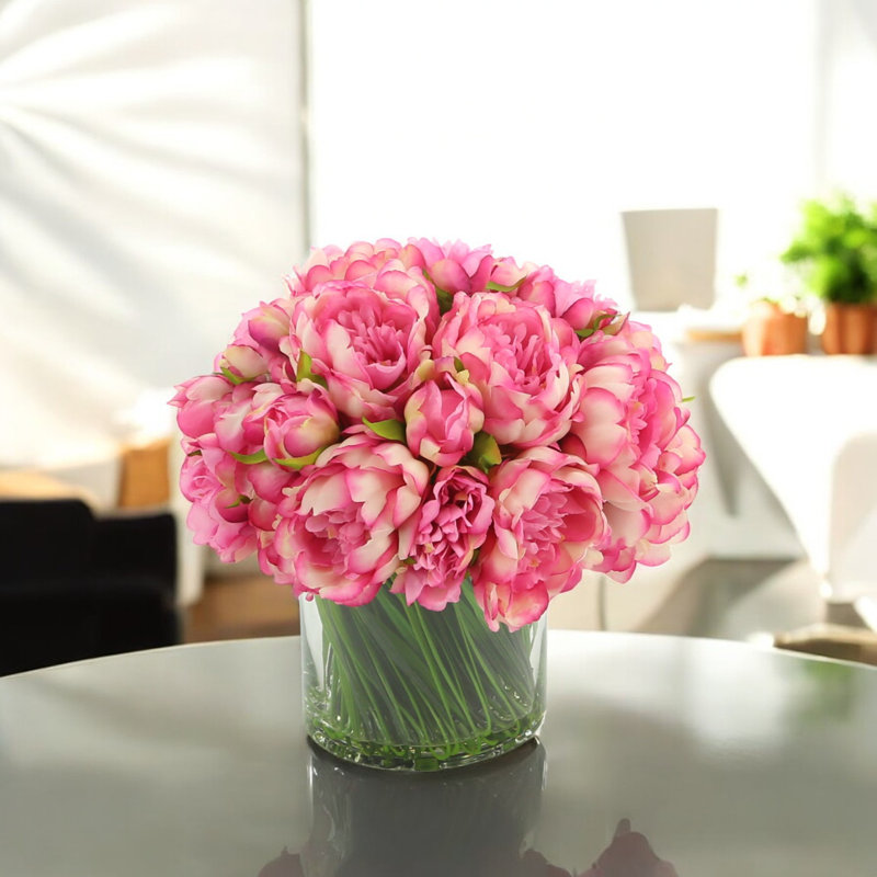 Peony Arrangement in Glass Vase with Grass, Pink Fuchsia