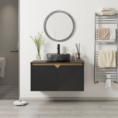 Meuble-lavabo 30 po, meuble de rangement mural en contreplaqué flottant, meuble-lavabo en pierre frittée de haute qualité avec lavabo en marbre blanc Volakas