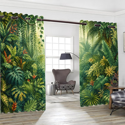 2Pcs Lush Tropical Rainforest Jungle Print Grommet Blackout Curtains, Vibrant Foliage Pattern, Thermal Insulated Heat Blocking, Noise Reducing & Privacy Protection, Room Darkening Stylish Indoor Home Decor for Bedroom, Living Room, Kitchen