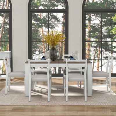 Farmhouse 7-Piece Wooden Dining Table Set- Multifunctional Extendable Table With 12" Leaf And 2 Drawers & 6 Upholstered Chairs (Brown + White)