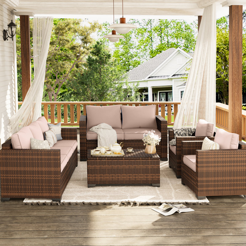 Ensemble de conversation extérieur en rotin avec accoudoirs larges et table de rangement pour 7 personnes, Beige
