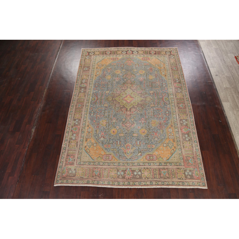 Tapis unique vert / rouge / gris noué à la main 8 pi 1 po x 11 pi années 1960 des années 1960