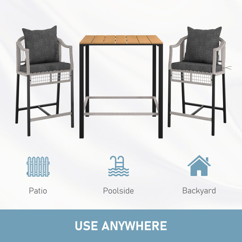3-Piece Patio Bar Height Set Of Square Bar Table And Pe Rattan Wicker Bar Chairs