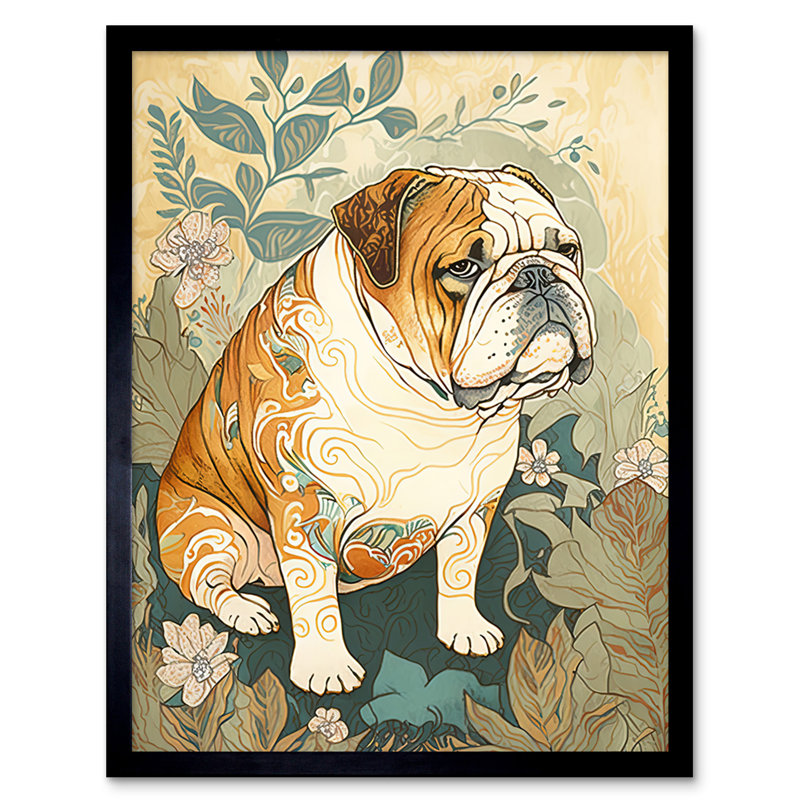 Bulldog With Ornate Pattern Fur Coat In Flower Field Modern Watercolour - Single Picture Frame Print