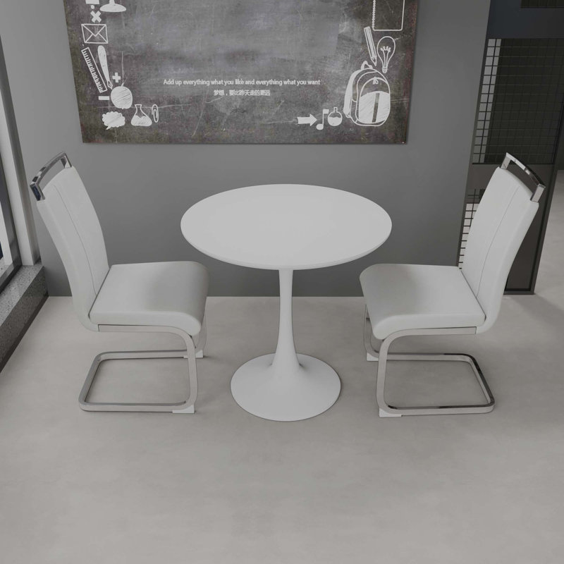 Table de salle à manger circulaire, table de salle à manger, table de salle à manger pour 2 à 4 personnes, plateau et base en panneau de fibres à densité moyenne et 2 chaises de salle à manger en métal plaqué en polyuréthane