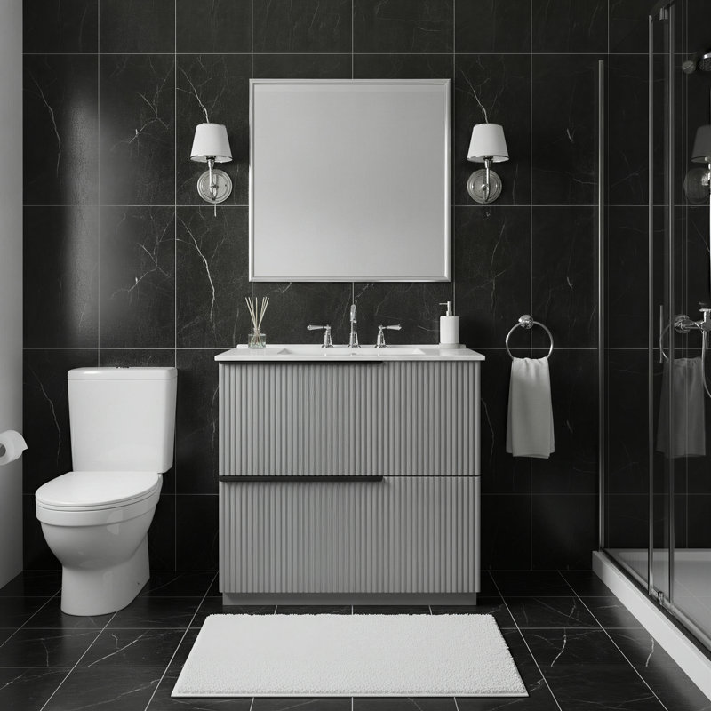Meuble-lavabo sur pied cannelé de 76 cm (30 po) avec lavabo en céramique, tiroirs à extension complète et fermeture amortie, meuble de rangement moderne pour salle de bain