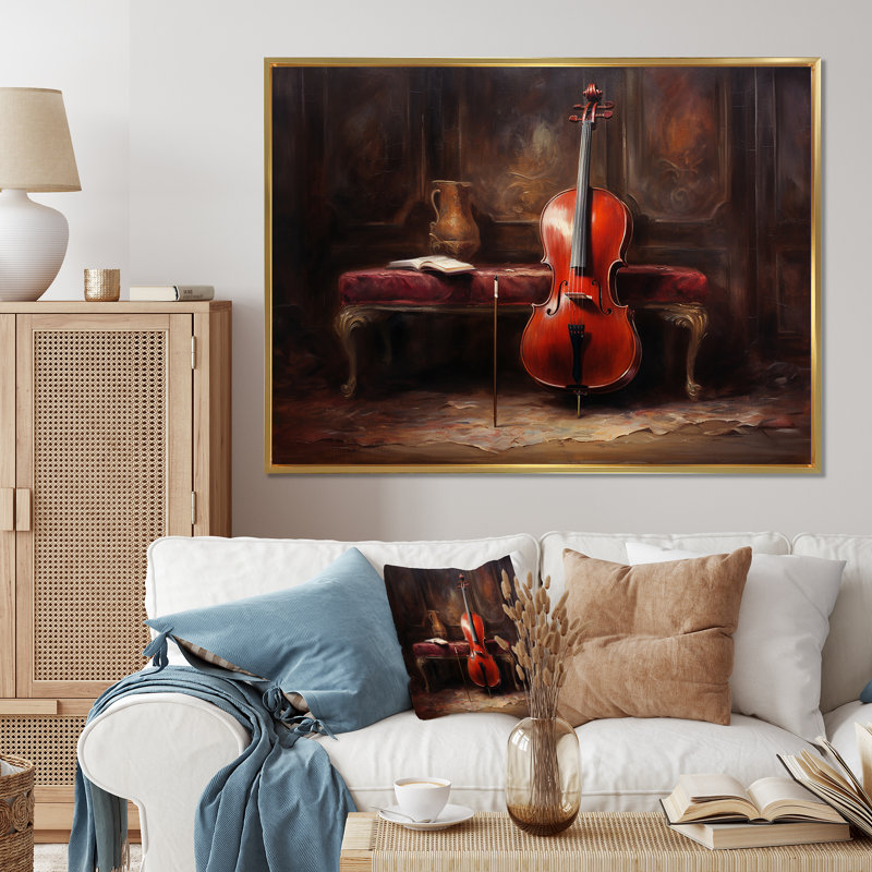 Violoncelle charisma profond bourgogne VI sur toile, H 30 po x l 40 po x P 1,5 po, Cadre flottant doré