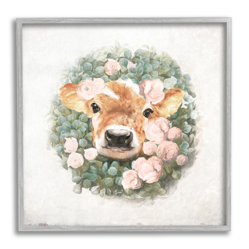 Adorable bébé veau veau, couronne de fleurs roses, giclée, ensemble d'art texturé par échelle blanche, L 17 po x H 17 po
