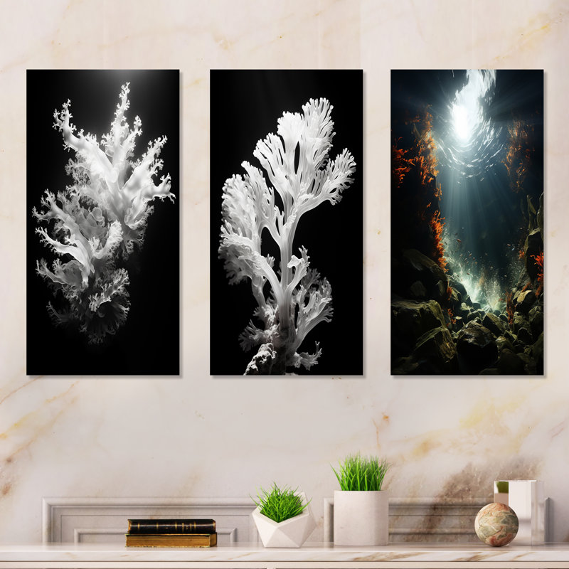 Aqua Serenade sous l'eau Corail - ensemble de 3 impressions d'art mural en métal corail sous l'eau, H 32 po x l 48 po