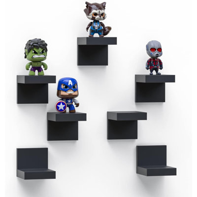 Paquet de 7 tablettes flottantes pour mur par Richerhouse, tablettes décoratives noires en plastique, mini avec 2 types d'installation